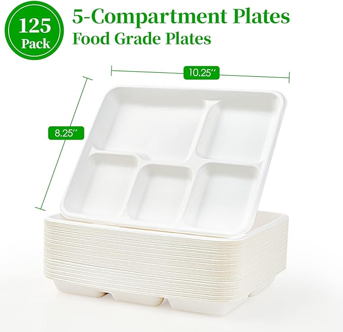 Compostable Disposable 5 Compartment Paper Plates, 10.25inch | 125 Pack - Image 3