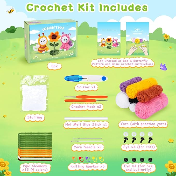 Crochet Kit for Beginners, 2PCS Cats Dressed as Bee and Butterfly Crochet Kits with Step-by-Step Video Tutorials, Beginner Crochet Kits for Kids and Adults, Animal Crocheting Kit for Starters