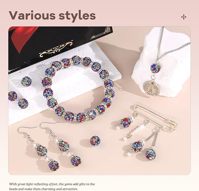 160pcs 10mm Rhinestone Beads for Jewelry Making, Black Mixed Shiny Round Disco Ball Beads Bulk, Sparkle Crystal Clay Christmas for Bracelet Baseball Necklace Earring Crafting and DIY