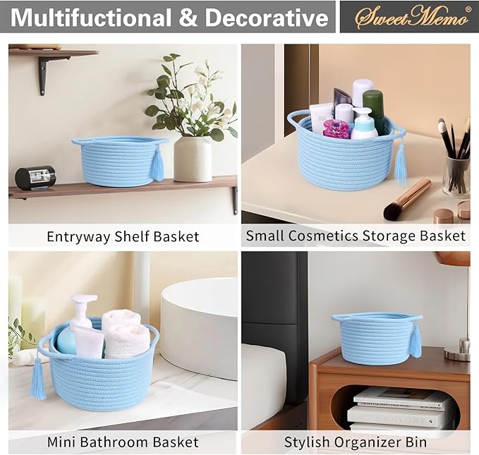 Empty Gift Basket – SweetMemo Mini Woven Rope Organizer Baskets for Gifting, Baby Shower, Desk, Makeup Brushes, Bathroom, Shelves – Small Decorative Storage Bin with Gift Bag & Ribbon – Soft Blue
