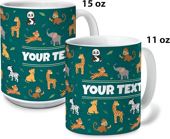 Personalized Mug for Kids - Zoo Animals - Custom Name/Text, Ceramic Hot Chocolate/Cocoa/Coffee Cup for Boys/Girls, Birthday/Christmas/Holiday Gift - 11 oz, White Handle