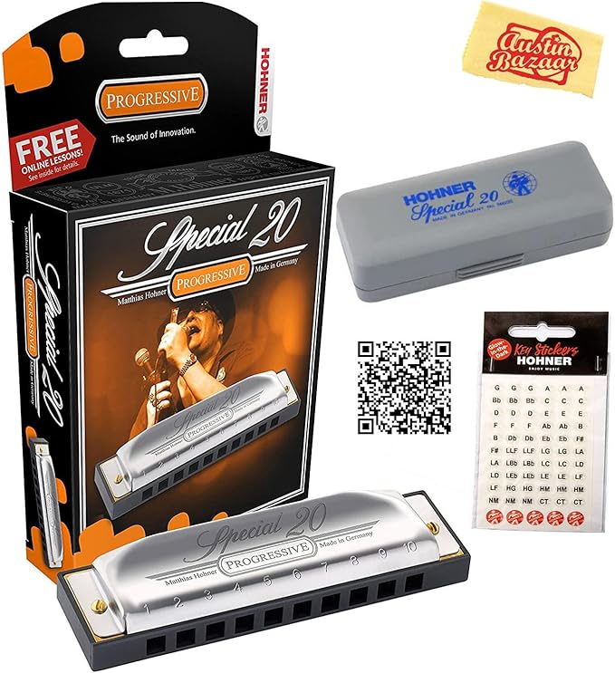 Hohner Special 20 Harmonica - Key of G Bundle with Carrying Case, Key Stickers, Online Manual, and Austin Bazaar Polishing Cloth