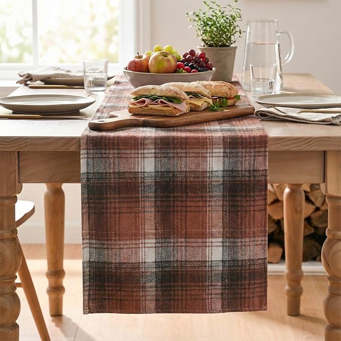 Artoid Mode Caramel Brown Farmhouse Plaid Fall Table Runner 13x60 Inch | - Image 2