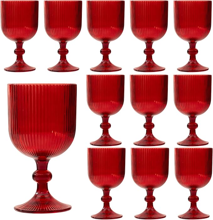 12 Pcs Red Vintage Wine Glasses, 11 Ounces Colored Glass Water Goblets by XKXKKE