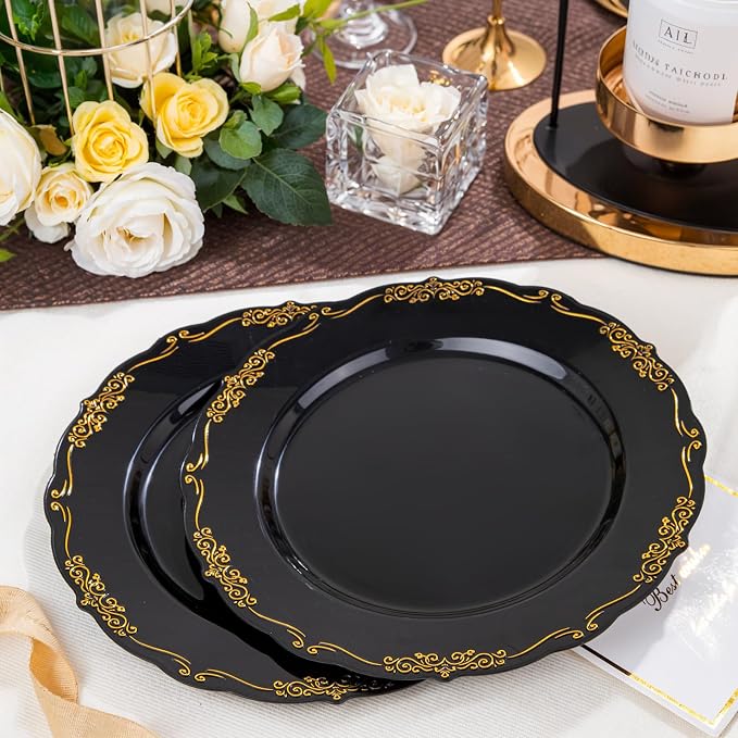 DaYammi 60PCS Black and Gold Plastic Plates, Heavy Duty Black and Gold - Image 7