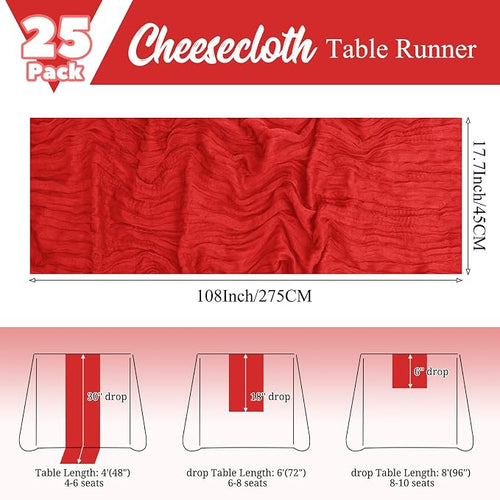 25 Pack Red Table Runner 17 x 108inch Cheesecloth Table Runner Boho Gauze Table - Image 2