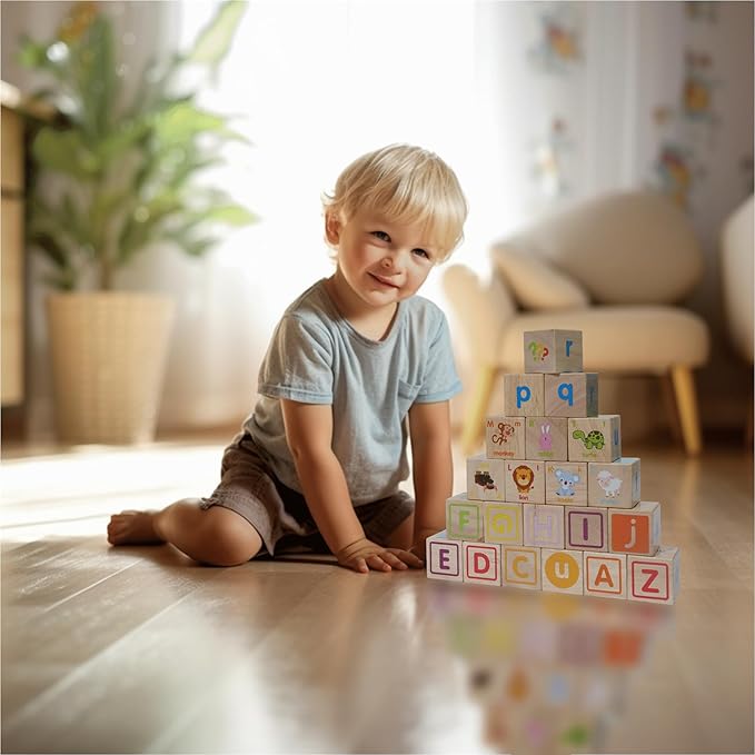 Montessori Mama Wooden Blocks for Toddlers 1-3 - Large 1.6" Hardwood Stacking Blocks with Letters, Shapes, Colors, and Images - Perfect for Early Development and Play