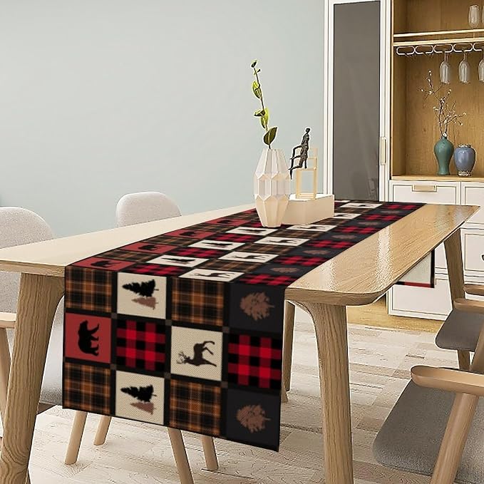 Rustic Bear Table Runner, Vintage Cottage Country Style Pine Tree Elk Wildlife - Image 3