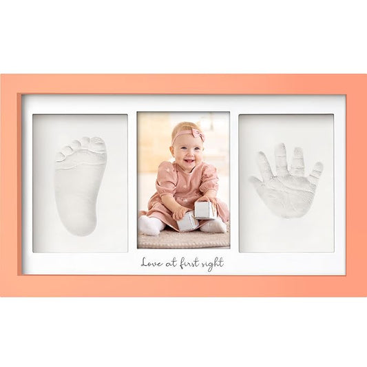 Baby Hand and Footprint Kit - Clay Handprint Keepsake Frame, Newborn Nursery Picture Frame, Personalized New Mom Gifts for Baby Shower & Registry (Salmon)