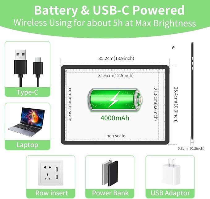 KOBAIBAN A4 Magnetic Light Box for Tracing, Rechargeable Diamond Art Light Board with Side Physical Buttons, 3 Color Light Modes Super Bright Light Pad Light Table for Drawing, Weeding Vinyl (Black)