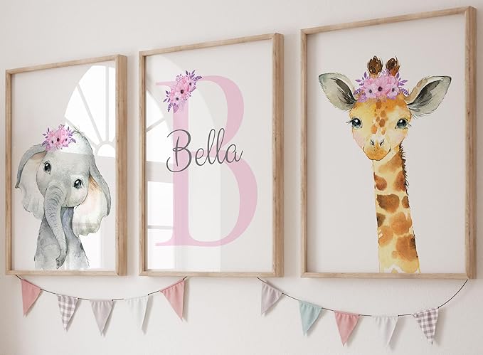 Personalized Safari Animals for Baby Girls Nursery, Set of 3 Unframed Poster Prints, Personalized Name Pink Lilac Floral, Girls Bedroom Decor, Elephant Giraffe (11x14)