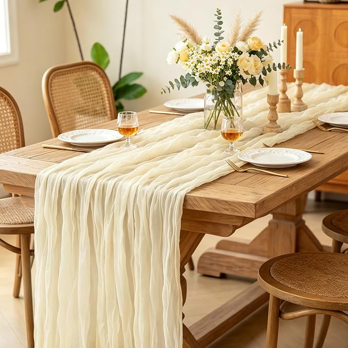 Beige Cheesecloth Table Runner, 10FT Rustic Beige Boho Gauze Table Runner - Image 3