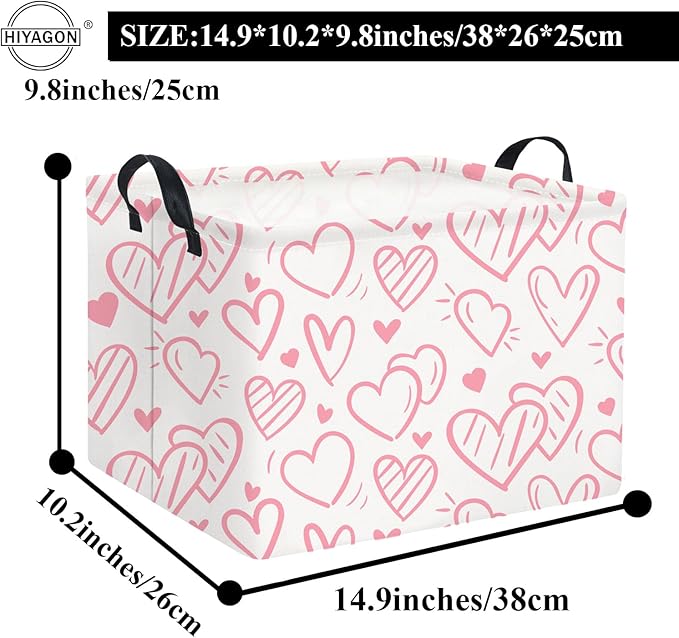 HIYAGON Rectangular Pink Basket Kids Baby Storage Bin Toy Basket Organizer Box for Girls Love Room Decor(Pink Striped Heart)
