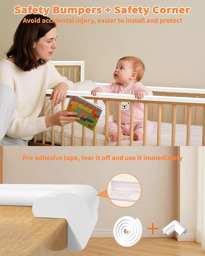 Edge Corner Protector Baby Proofing, 6.56FT 0.6'' Thicken L-Shape Furniture Fireplace Safety Bumper Guard with 6 Corners, Pre-Taped, Soft NBR Rubber Foam, Table Edge Protector for Baby (White)
