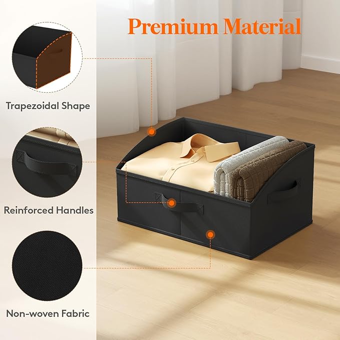 Lifewit Storage Baskets for Shelves, 6 Packs Non-woven Fabric Trapezoid Closet Organizer Bins with Handles, Foldable Clothing Containers Box for Clothes, Toy, Towel, Book, DVD, Hats, Medium-Black
