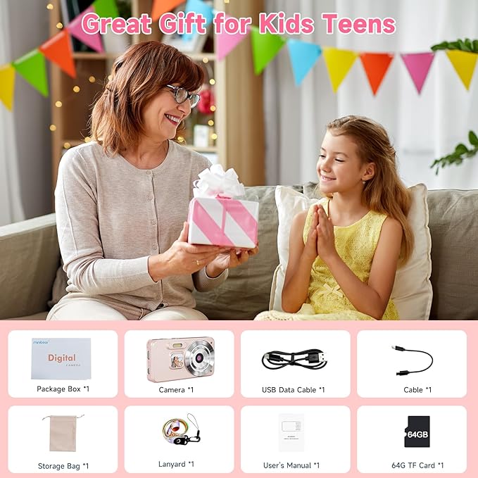 Digital Camera, Autofocus 4K 64MP Point and Shoot Digital Cameras for Teens with 64GB Card, 18X Zoom Anti-Shake Compact Video Camera for Student Kids Boys Girls Beginner - Pink