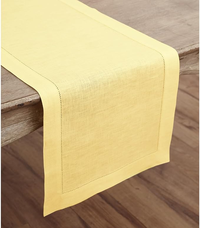 Solino Home 100% Linen Table Runner Yellow, Classic Hemstitch 14 x 90 in | - Image 2