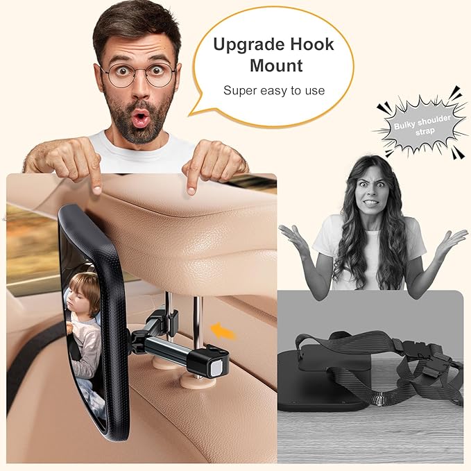 Baby Car Mirror for Rear Facing Seat - Clear View, Upgraded Hook Clip Design, 360 Rotation, Wide Crystal View, Shatterproof Crash Tested and Certified