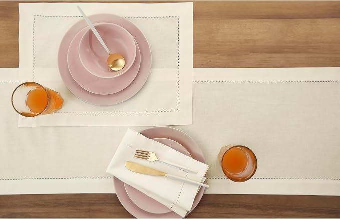 Solino Home Cotton Linen Dining Table Runner Ivory Hemstitch, 14 x 108 in | - Image 3