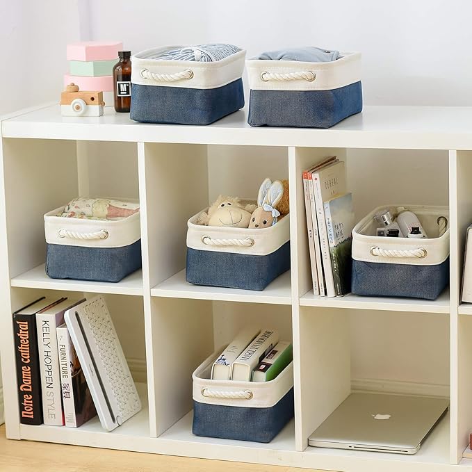 Storage Basket for Organizing - 12x8x5.2 inch Small 6 Pack Fabric Storage Bin Collapsible Baskets for Shelves with Rope, Storage Box for Cloth Decorative Laundry Canvas(White & Blue)