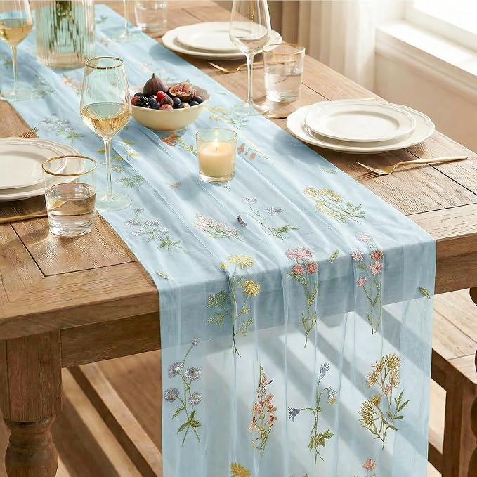 Artoid Mode Wildflower Floral Sky Blue Gauze Embroidery Table Runner 120 Inch - Image 7