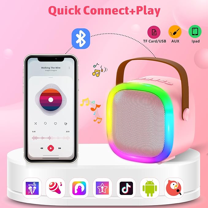 Karaoke Machine for Kids Adults, Portable Bluetooth Speaker with 2 Wireless Microphones and LED Lights, Kids Toys Birthday Gifts for Girls Boys Ages 4, 5, 6, 7, 8,9,10,11,12+ Years