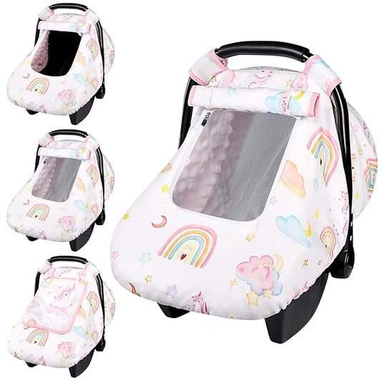Baby Carseat Cover Girls, Pea Pod Unicorn Infant Car Seat Covers Canopy for Newborn with 2 Layers Windows of Breathable Mesh/Fabric, Lightweight Polyester/Minky Dot Backing, Snug Fit