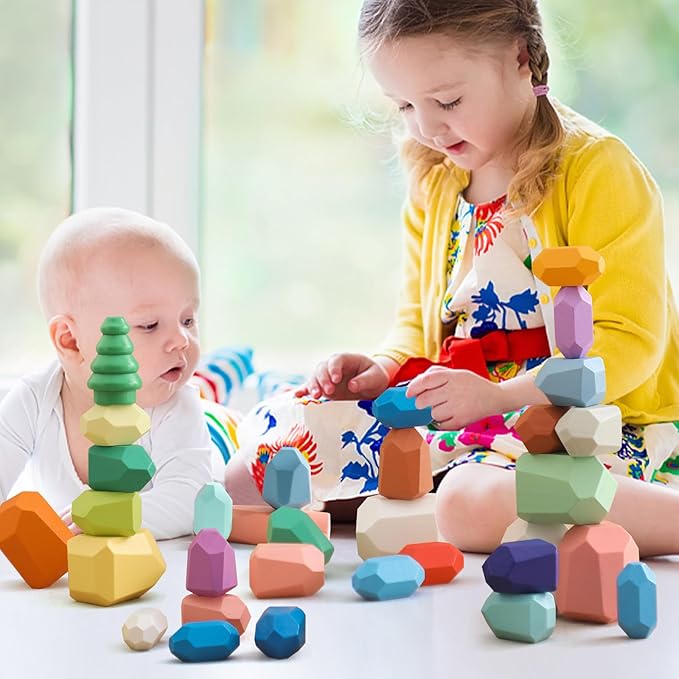 OESSUF Stacking Rocks 40Pcs Stacking Rocks Balancing Stacking Stones Wooden Stacking Toys Wooden Stone Stacking Game for Toddler Wood Sorting Montessori Stacking Rocks for Kids