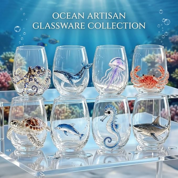 Artisanal Blue Ringed Octopus Glassware, 3D Ocean Glass Wine Glass，Shark | - Image 5