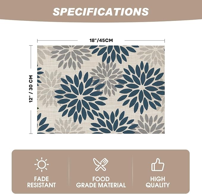 Artoid Mode Floral Vinyl Plistic Placemats Set of 6, Heat Resistant Washable - Image 6