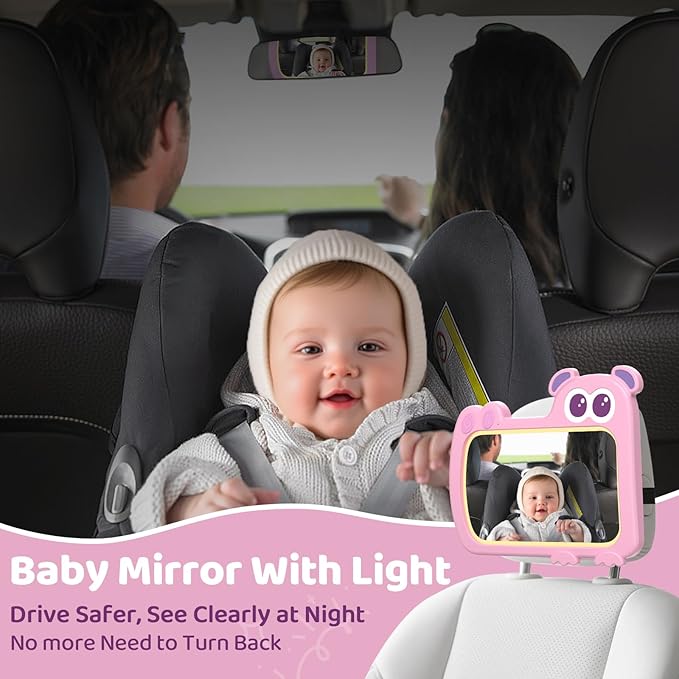 2-in-1 Baby Car Mirror with Lights & Soft Sounds, Cry Detector, Clear Night View, 360° Rotation, Shatterproof, Rear Facing Baby Car Seat Mirror with Remote Control, Perfect Baby Shower Gifts (Pink)