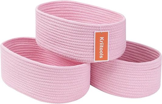 Cute Baskets for Shelf Storage Small Woven Basket to Store and Organize Daily Items/Durable Rope Basket for Living Room, Bedroom,Playroom/Oval-13x8.66x5.11’’,Stylish 3 Packs Pink