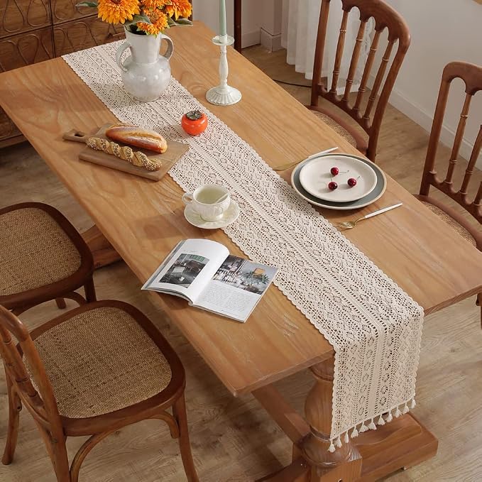meioro Crochet Lace Table Runner, 10x64 Inch Boho Cotton Table Runners - Image 2