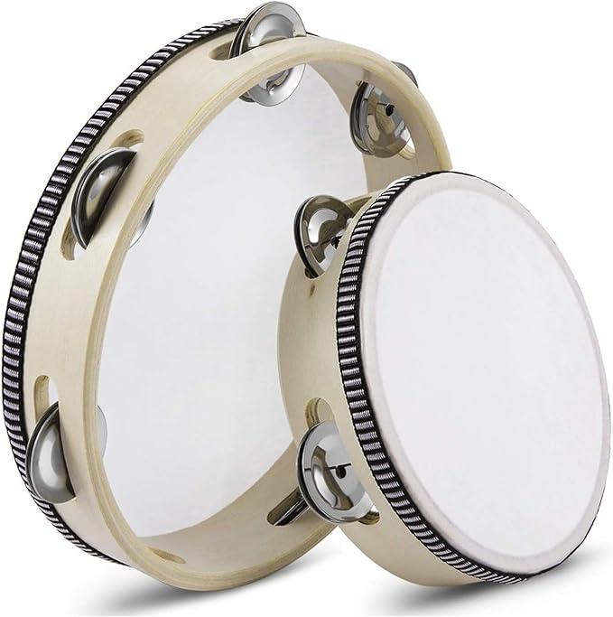 Flexzion Wood Handheld Tambourines - 8 and 6 Inch Set of 2 Pack, with Single Row Metal Jingle Bell (Wood) Hand Held Tambourine Percussion Drum Moon Musical Instrument