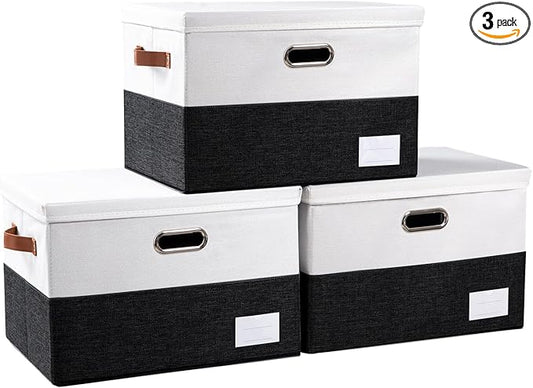 PRANDOM Foldable Storage Bins with Lids [3-Pack] Fabric Collapsible Storage Boxes Baskets Cubes Containers with Handles for Closet Living Room Bedroom (Black & White 17.7x11.8x11.8'')