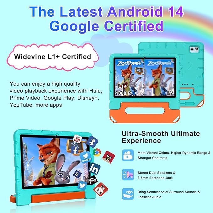 2025 Kids Tablet 10 inch Android 14 Tablets for Kid Octa-Core, 20GB+128GB (TF 1TB), Toddler Tablet with Shockproof Case, 2.4G+5G WiFi 6, Parental Control, Face Unlocked, Split Screen, BT5.0 (Green)