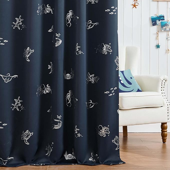 Vangao Kids Curtains for Boys Bedroom Kids Blackout Curtains 96 Inch Length Ocean Aquarium Nursery Drapes for Girls Bedroom Silver Sea Animals Print Thermal Insulated Drapes, Navy Blue 2 Panels