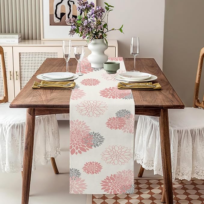 Pink Gray Table Runner Dahlia Pinnata Flower Beige Table Runners Modern Elegant - Image 3