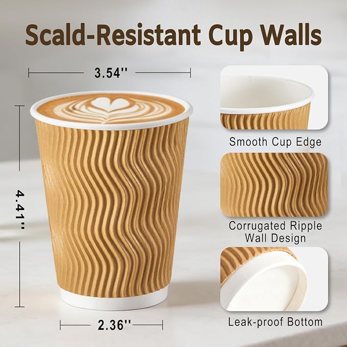 Clawsoff 500 Pack 12oz Insulated Disposable Paper Coffee Cups Champagne | Thick - Image 2