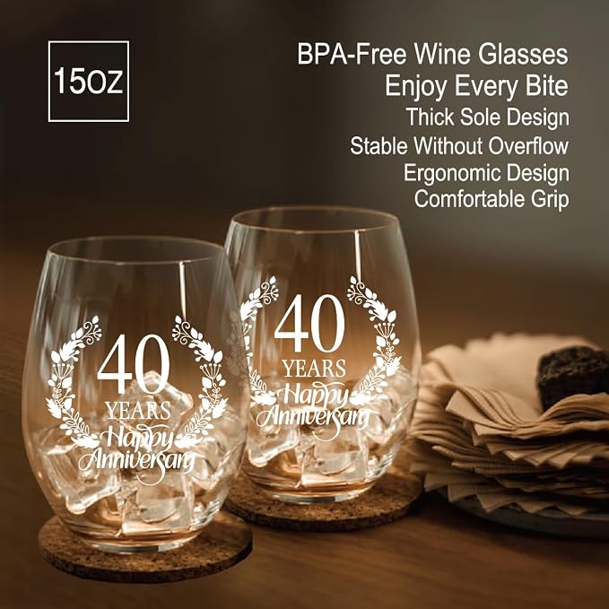Perfectinsoy 40 Years Happy Anniversary Wine Glass Set of 2, 40th Anniversary - Image 4