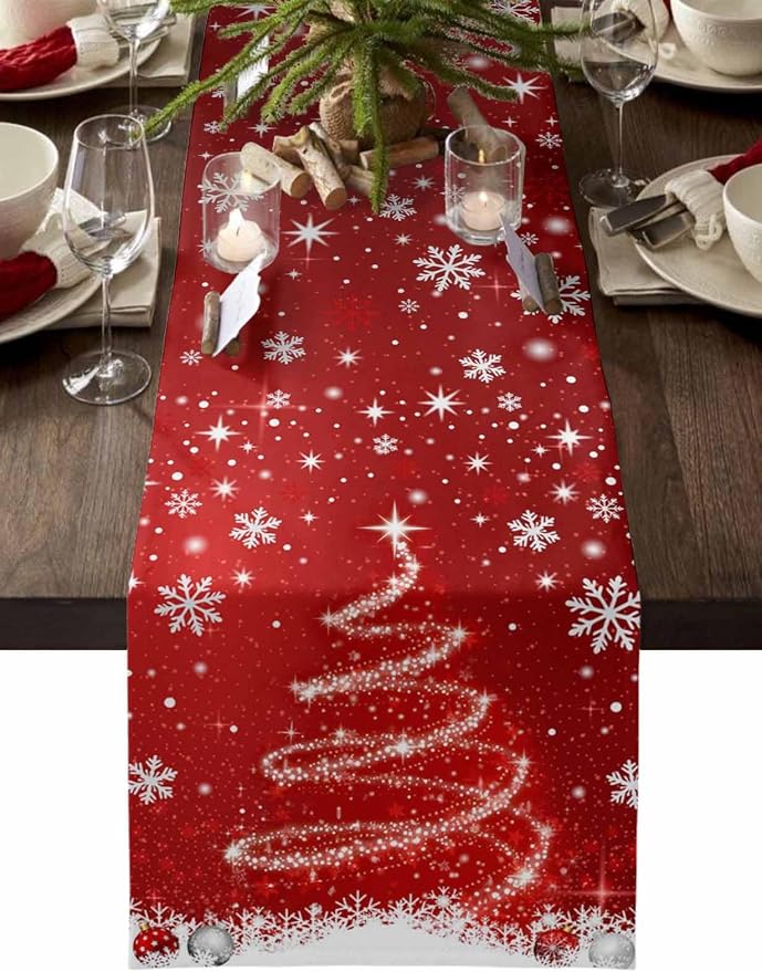 Red Christmas Table Runner 60 Inches Long, Xmas Tree Balls Snowflake Table by Unknown