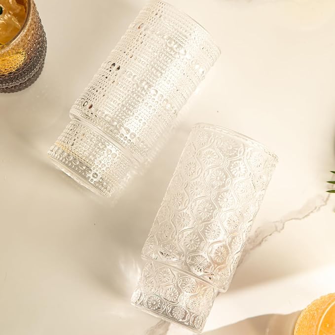 16oz Drinking Glasses Set of 4, 2 Hobnail Glasses & 2 Embossed Water Goblets - Image 4
