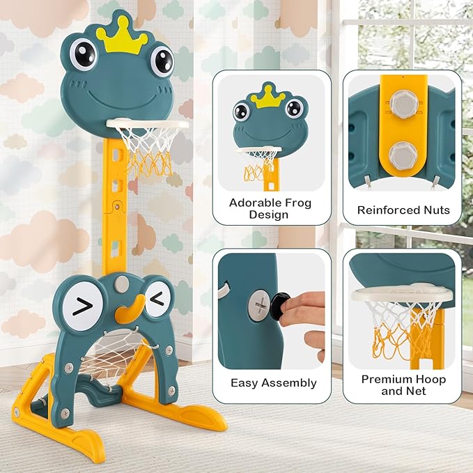 Costzon Toddler Basketball Hoop, 4-in-1 Kids Sports Activity Center with Rim, Soccer Goal, Golf, Ring Toss, Height Adjustable Kids Basketball Hoop with Fillable Base for Indoor Outdoor (Green Frog)