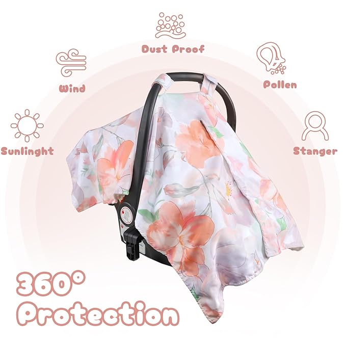 Car Seat Cover Baby, Infant Car Seat Canopy Covers for Newborn Girls Boys, Soft Minky Carseat Covers Stretchy Multi-Use Nursing Cover for Stroller Baby Car Seat, Purple Floral