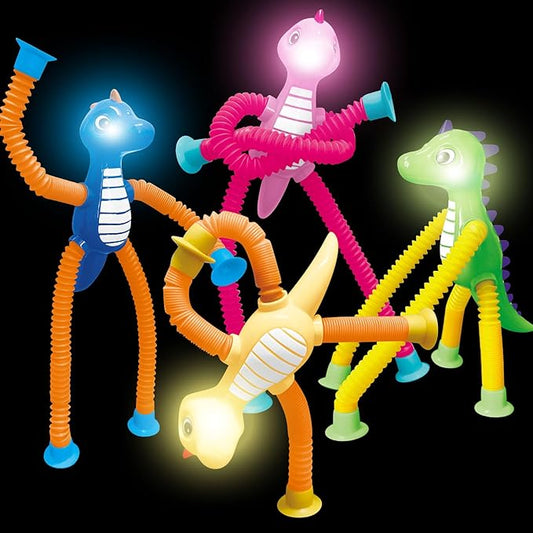 Dinosaur Pop Tubes Toys LED Light Up Mini Figures Fidget Sensory Toys Dino Telescopic Suction Cup Gift Sets, Toddler Autism Stress Relief Party Favors Prizes Stocking Stuffers for Kids 3+