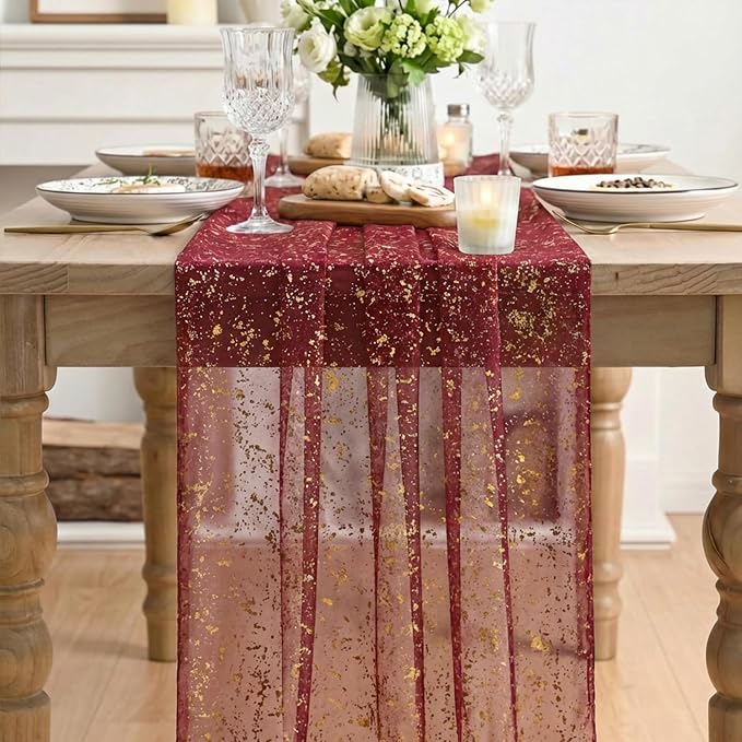Artoid Mode Burgundy Gold Gauze Table Runner 120 Inch 10FT, Glitter Metallic - Image 2