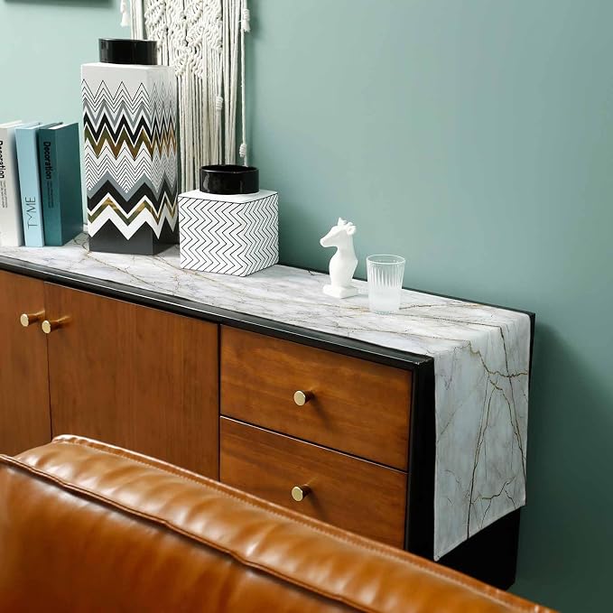 Marble Table Runner-Cotton Linen-Long 120 inche White Gray Gold Dresser Scarves - Image 3
