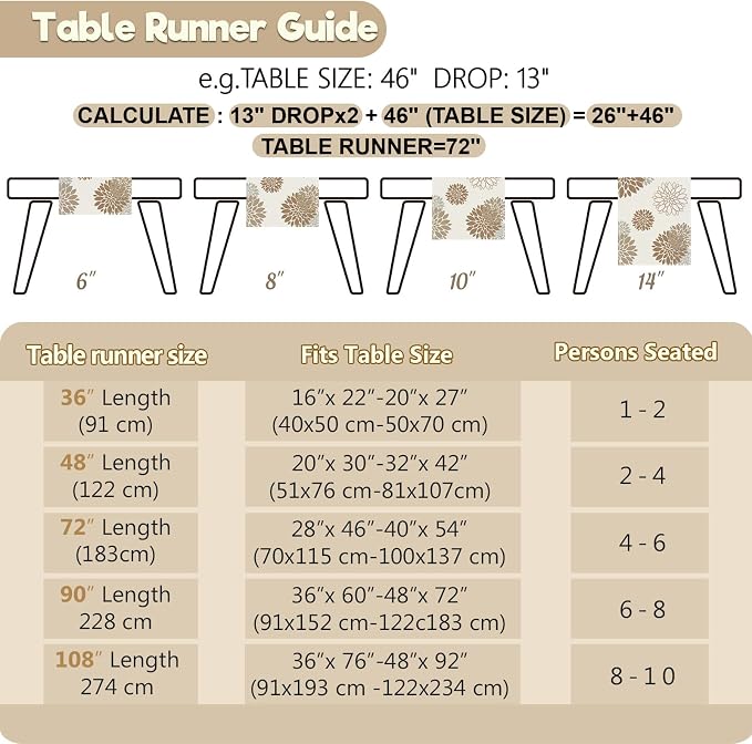 Coffee Brown Dahlia Table Runner Modern Elegant Flower Beige Table Runners - Image 6