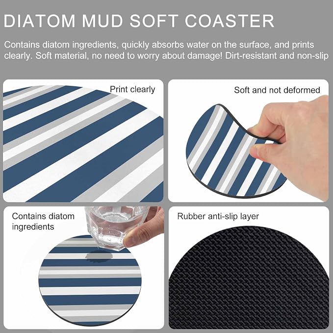 Navy Blue Grey Stripe Coasters Set of 6, Minimalist Farmhouse Striped Soft - Image 9