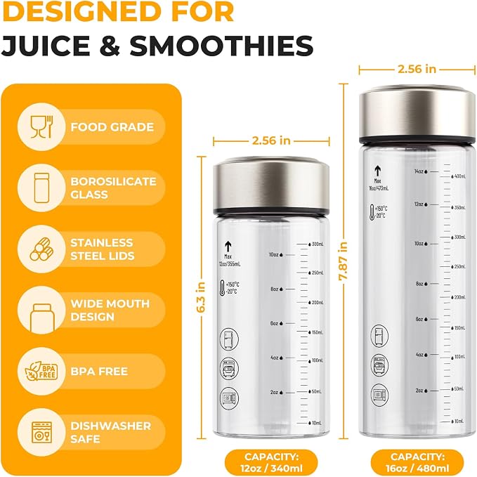 Sursip Wide Mouth Borosilicate Glass Juice Bottles 16oz 4 Pack - Image 3